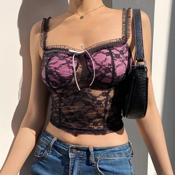 IAMSURE Sexy Lace See Through Bustier Spaghetti Straps Top Women 2020 Śliczne Bow Hollow Out Deep V Neck Tank Tops Holiday Klubowa