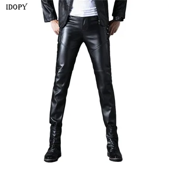 Idopy Męskie spodnie ze sztucznej skóry czarny motocykl rowerzysta boczne guziki fajne PU spodnie dla mężczyzn