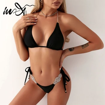 In-X Black swimsuit kobiety Sexy Brasil Swimsuit female Halter chain 2 pieces set Knot High cut bikinis 2021 mujer strój kąpielowy