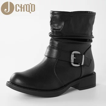 JCHQD moda styl europejski czarne botki mieszkania okrągły nosek z powrotem na zamek buty Martin sztuczna skóra buty Damskie rozmiar europejski 36-41