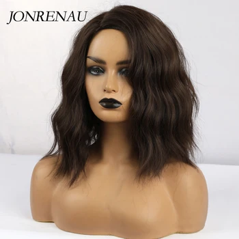 JONRENAU ciemno-brązowy wysokiej jakości krótkie naturalne, falowane włosy syntetyczne peruki z boku grzywką dla kobiet 3 kolory do wyboru