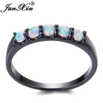 JUNXIN New Design Fashion Single Row Round White Fire Opal obrączki czarne złoto wypełniony pierścień dla kobiet, Najlepsze prezenty dla przyjaciółki