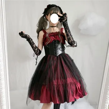 Japoński gothic Lolita sukienka JSK kamizelka Wolant Lolita Коспали pasek sukienka bez rękawów Wysoka Talia sukienka vintage cosplay kostiumy
