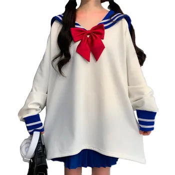 Japoński ładny матросский kołnierz негабаритная bluza kobiety plus size Harajuku Kawaii bluza damska dziewczyna Lolita JK styl kurtki bluzki