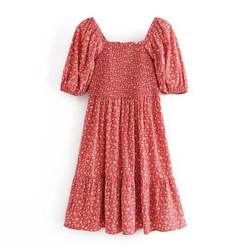 Jastie Czerwony Kwiatowy Print Sukienka Kobiety Francuski Szyk Elastyczny Gorset Spalony Mini Sukienki Z Pełnymi Rękawami I Okrągłym Sukienka Vestido