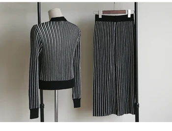 Jesień 2020 koreańska wersja nowy kobiecy luźny sweter w paski+однобортная elastyczna spódnica z dzianiny strój codzienny zestaw z dwóch części
