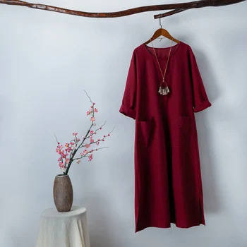 Jesień Kobiety Luźne Długie Sukienki Vintage, Kieszenie, Długie Rękawy Stałe Kąpielowe Boho Świąteczny Strój Casual Sukienki Maxi