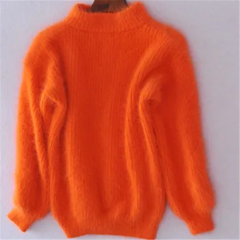 Jesień Zima Moda Gruba Ciepła Golf Moher Damski Sweter Lampa Rękaw Casual Kolor Cienki Prosty Sweter