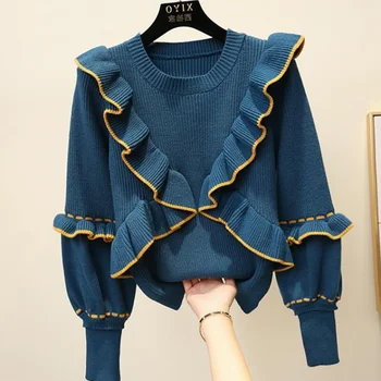 Jesień zima damska top koreański styl ruffle uszyć sweterek sweter nowy latarnia rękaw z dzianiny szczyty GX283