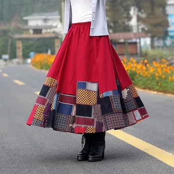 Jesień zima nowe damskie patchwork spódnice kobiety kwiat kwiatowy plaid druku spódnica damska damskie lniane bawełniane elastyczne spódnice