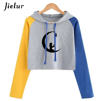 Jielur jesień 2020 damskie krótkie swetry sweter z kapturem kreskówka Księżyc drukowania z długim rękawem meble ubrania hit Kolor bluzki damskie S-2XL