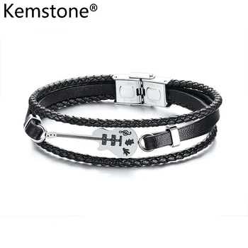 Kemstone Fashion Music Enthusiast Guitar 21CM stal nierdzewna, skóra naturalna czarna obręcz bransoletka biżuteria prezent dla mężczyzn