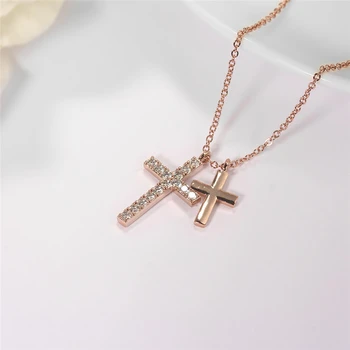 Klasyczny krzyż wisiorek naszyjnik rocznika różowe złoto kobiet Kryształ obojczyk łańcuch moda damska partia biżuterii