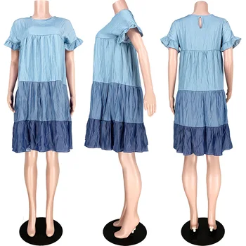 Kobieca sukienka letnia patchwork O-neck kaskadowe falbany temat A-line jeansowe mini sukienka z krótkim rękawem klasyczne uliczne sukienki