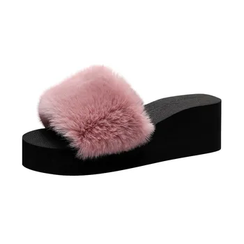 Kobiety Slip-on open toe kliny ciepłe zimowe kapcie buty futerko slajdy kobiety futro antypoślizgowe wewnętrzne klapki Drop Shipping#0305