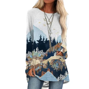 Kobiety casual, styl retro Mountain Tree Print sweter wypoczynek z długim rękawem O-neck t-shirt bluzka top