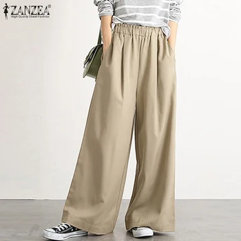 Kobiety jesień elastyczny pas szerokie spodnie ZANZEA moda stałe casual spodnie długie pantalony temat kieszenie Palazzo plus rozmiar 5XL
