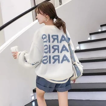 Kobiety koreański styl sweter i swetry O neck pędzelkiem litery drukowane ciągnąć bluzy z długim rękawem meble odzież dzianiny ciągnąć