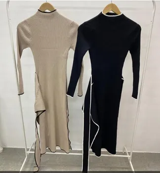 Kolor jest zablokowany вязаное Kobieca suknia z pasem 2021 Wiosna pełna rękaw kołnierz koreańskiej elegancka moda damska Vestidos