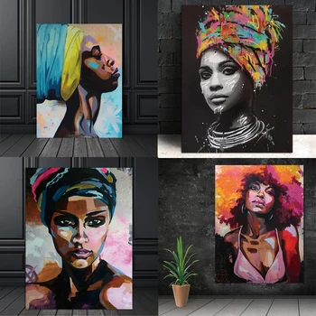 Kolorowe Afryki kręcone włosy kobiety streszczenie dziewczyna płótno Malarstwo, plakaty i reprodukcje ścienne sztuka obraz do salonu wystrój Куадрос