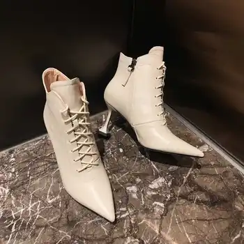 Krazing Pot nowa skóra naturalna modne buty na szpilki z ostrym czubkiem na wysokim obcasie zimowa ciepła moda koronki Damskie botki L17