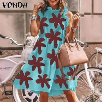 Krótka sukienka Women 'Sundress Bohemian Printed Ruffle Dress 2021 VONDA Women' Summer Beach Dress Vestidos Robe Femme Plus Size
