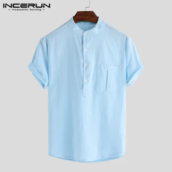 Letnia casual męskie firmowa koszula z kołnierzem jednolity kolor vintage, bawełniana bluzka koszula z krótkim rękawem Harajuku Camisas Hombre INCERUN