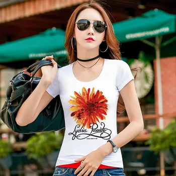 Letnie Kobiety Koszulka Bawełna Kwiat List Cyrkonie Drukowane Koszula O Neck Z Długim Rękawem T-Shirt Miękkie Codzienne Cienkie Bluzki Plus Size