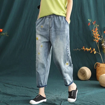 Letnie sztuki styl kobiety elastyczny pas temat podarte dżinsy Kwiatowy haft stare bawełniane телячьи denim spodnie S973