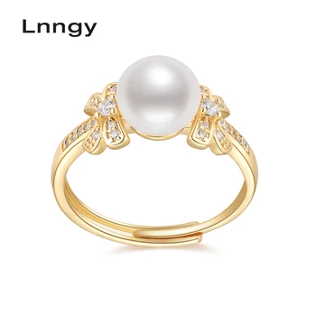 Lnngy 14K Gold Filled Ring 8.5-9mm Natural Wykształcona Freshwater Pearl Adjustable 14K Gold-Plated Bowknot Ring Women Jewelry Gifts