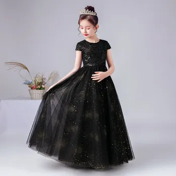 Luksusowe Formalne Suknie Wieczorowe Błyszczące Cekiny Czarna Sukienka Księżniczki Dziewczyny Długie Ślubne Kwiat Młodsze Sukienki Panny Młodej