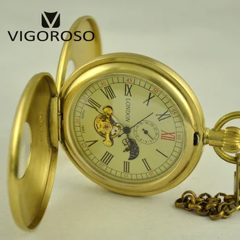 Luksusowe miedź antyczna faza Księżyca Tourbillion podwójny myśliwy mechaniczne zegarek ręczny wiatr wisiorek zegarek Zegarki męskie Prezenty