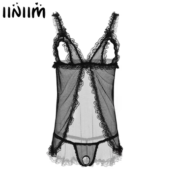 Mens Sissy Sheer Kabaretki Lace Sexy Lingerie Mini Open Cup Bra Babydoll Dress+G-String Thong Underwear Erotic Lenceria Nightwear