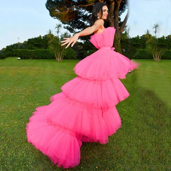 Moda Różowy Kaskadowy Potargane Sukienka Kobiety Sexy Bez Ramiączek Cebula Wysoka Talia Podłogi Suknia Wieczorowa Pasa Startowego Kobieta 2020 Nowy