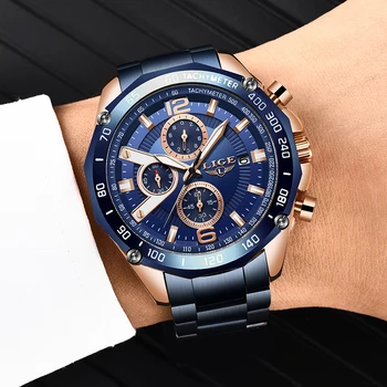 Modne niebieskie zegarki męskie LIGE Top Brand Luxury Business wodoodporny zegarek kwarcowy dorywczo chronograph ze stali nierdzewnej zegarek męski zegarek+pudełko