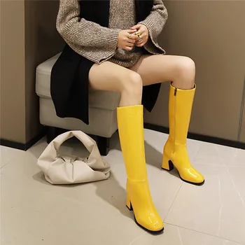 MoonMeek 2020 nowy nabytek buty do kolan, grube buty na obcasie kwadratowy nosek buty damskie zima kolorem damskie buty czarny żółty