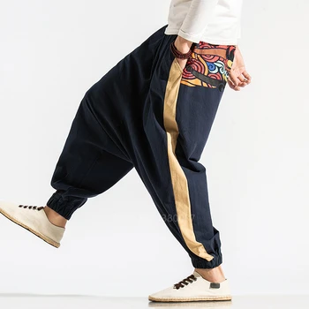 Mężczyźni Styl Japoński Ukiyo Print Samuraja Garnitur Spodnie Oddziału Vintage Spodnie Wolny Czas Wolny Elastyczna Modna Odzież Azjatycka