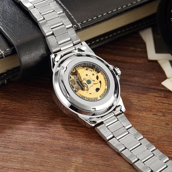 Najlepsze markowe automatyczne zegarki mechaniczne dla mężczyzn Srebrny stalowy szkielet Self-Wind męskie zegarki prezenty zegarki relogios masculino