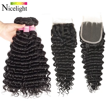 Nicelight 4 szt./lot brazylijskie ludzkie włosy krótkie wiązki z zamknięciem Non-Remy Hair Extensio Deep Wave 4x4Lace zamknięcie z kiści