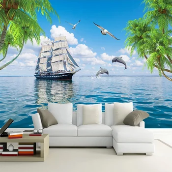 Niestandardowe Malowidła Ścienne Tapety Ścienne Wodoodporny Płótnie Malarstwo Mewa Kokosowe Drzewo Jacht Morski Krajobraz Salon Plakat Dekoracji Ścian