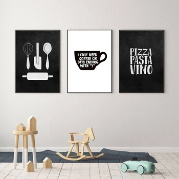 Nordic Czarny Biały Wyposażenie Kuchni Plakaty Drukowanie Pizza, Makarony Wino Płótno Malarstwo Ścienne Artystyczne Wzory Do Restauracji Na Kawę Wystrój Pokoju