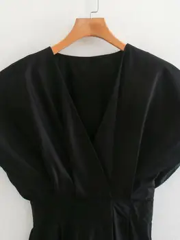 Nowa moda kolorem fałdy elastyczna talia czarna mini sukienka damska krzyż v szyi popelina kimono codzienne cienkie sukienki DS4112