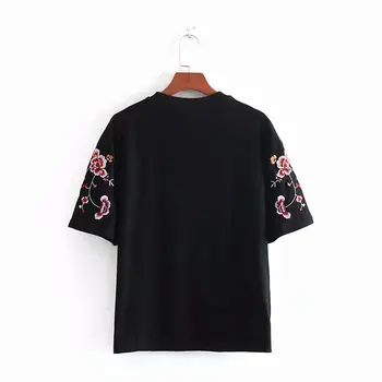 Nowa moda kwiatowy haft codzienne drutach czarna koszulka lato o szyi z krótkim rękawem eleganckie bluzki damskie bazowa koszulka T213