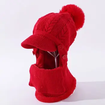 Nowe czapki zimowe dla kobiet szalik Maska 2w1 wełniana czapka z dzianiny kapelusz dziewczyna pompony narciarska czapka ciepła dodać futrzany podszewka ochronna czapka rowerowa