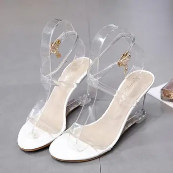 Nowe sandały na koturnie damskie letnie przezroczyste buty na wysokim obcasie PVC pantofle peep toe sexy buty ślubne sandały na platformie Przezroczystej buty 43