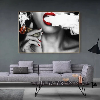 Nowoczesny pop sexy dziewczyna pali cygaro obraz olejny na płótnie, plakaty i druki Cuadros Wall Art Pictures do salonu