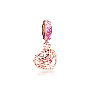 Nowy 2019 Rose Golden Jewelry Pink CZ Crystal Tree Of Love Heart zawieszenia do produkcji biżuterii nadaje się do oryginalnych srebrnych bransoletek próby 925