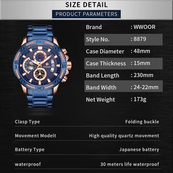 Nowy WWOOR zegarki męskie 2020 pełna stalowa wodoodporny sportowe męskie zegarki Top luksusowej marki chronograf świetlny Kwarcowy zegarek męski