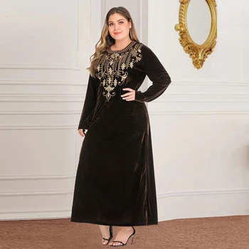 Nowy muzułmański strój Dubaj Turcja Islamski duży rozmiar damska arabska damska z długimi rękawami i okrągłym вышитое Złota aksamitna sukienka