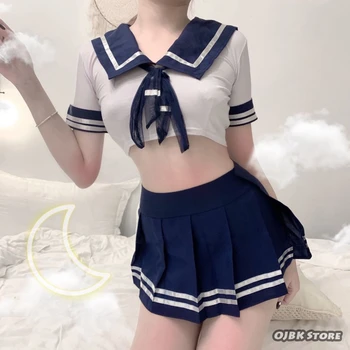OJBK seksowna bielizna niebieski Sailor Moon uczennica strój erotyczny krótki top przezroczyste cosplay kostiumy top i mini spódnica dla kobiet